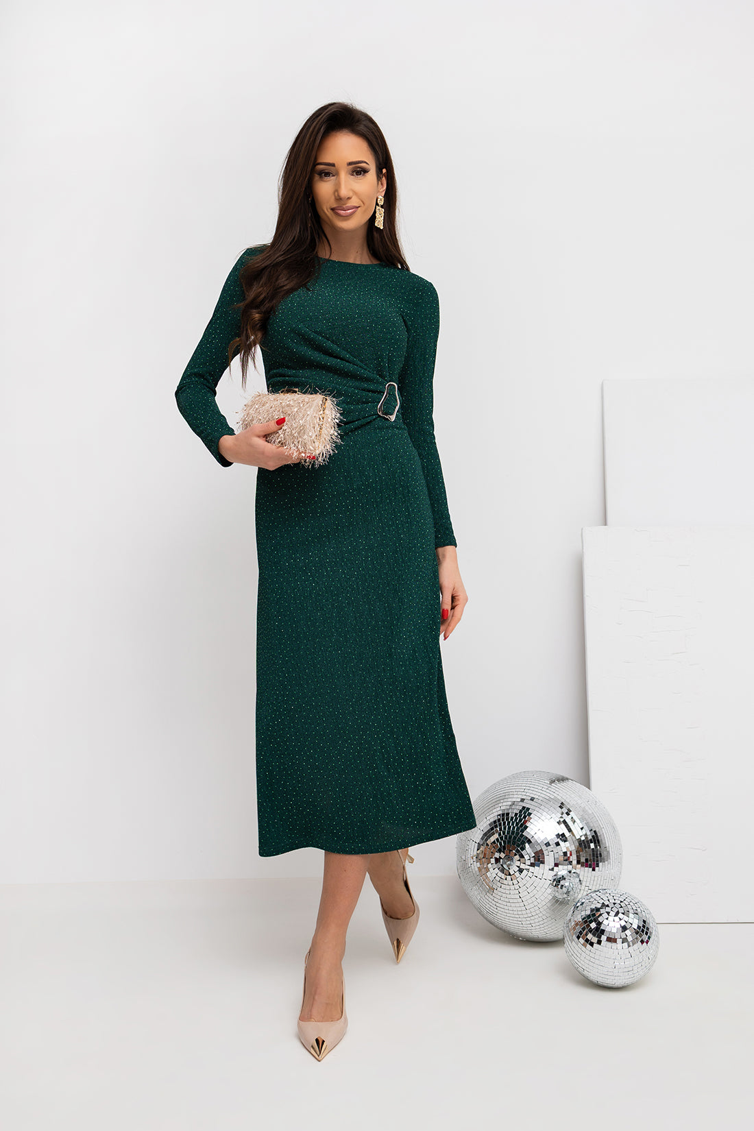 Rochie Midi Elegantă Verde Cu Detalii Deosebită