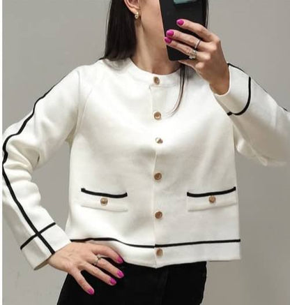 Bluze Cardigan Alb Cu Detalii Negru