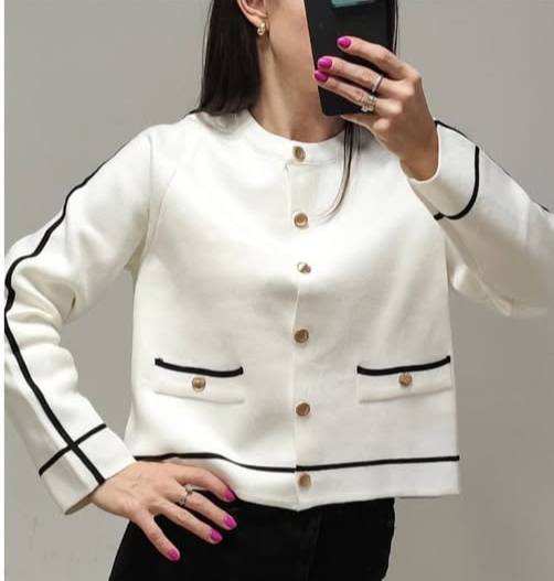 Bluze Cardigan Alb Cu Detalii Negru