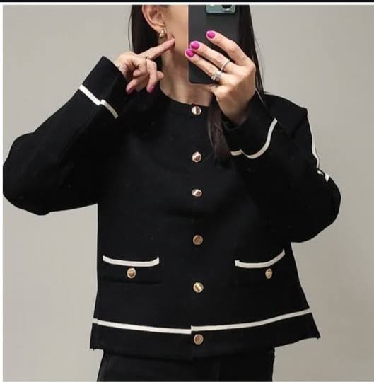 Bluze Cardigan Negru Cu Detalii Alb