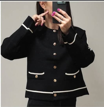 Bluze Cardigan Negru Cu Detalii Alb