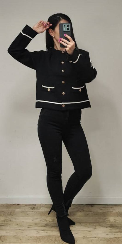 Bluze Cardigan Negru Cu Detalii Alb