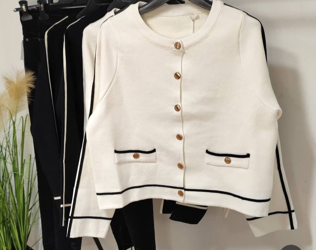 Bluze Cardigan Alb Cu Detalii Negru