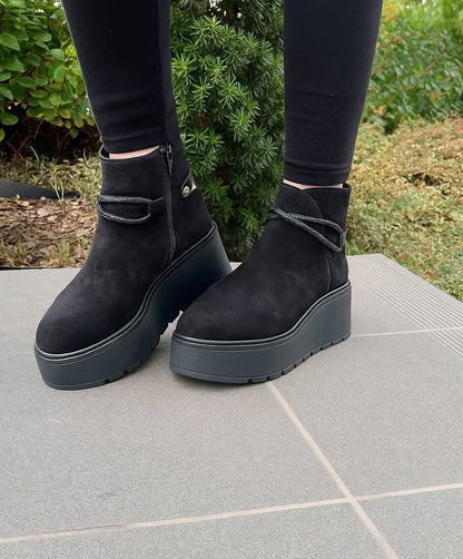 Botine Negre Piele Velur cu Talpă Înaltă Lux by Dessi