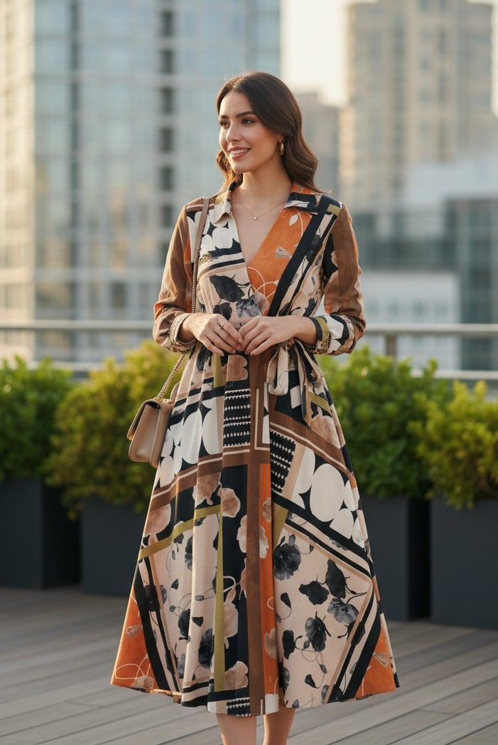 Rochie Maxi Petrecută cu Imprimeu Floral și Geometric - Neagră