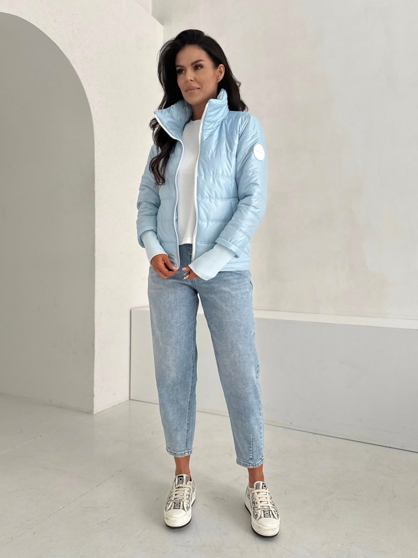 Geacă Matlasată Subțire cu Guler Înalt-Blue