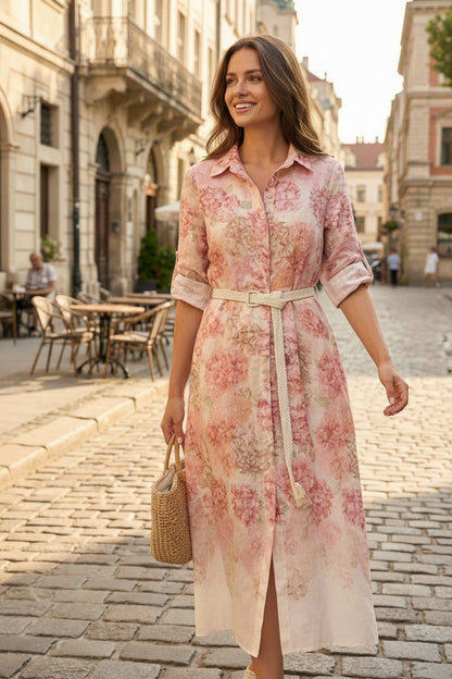 Rochie Maxi Tip Cămașă cu Imprimeu Floral - Roz Pudră