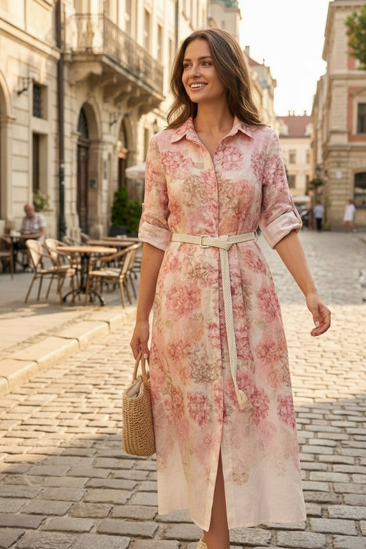 Rochie Maxi Tip Cămașă cu Imprimeu Floral - Roz Pudră