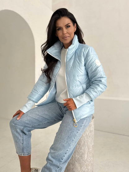 Geacă Matlasată Subțire cu Guler Înalt-Blue