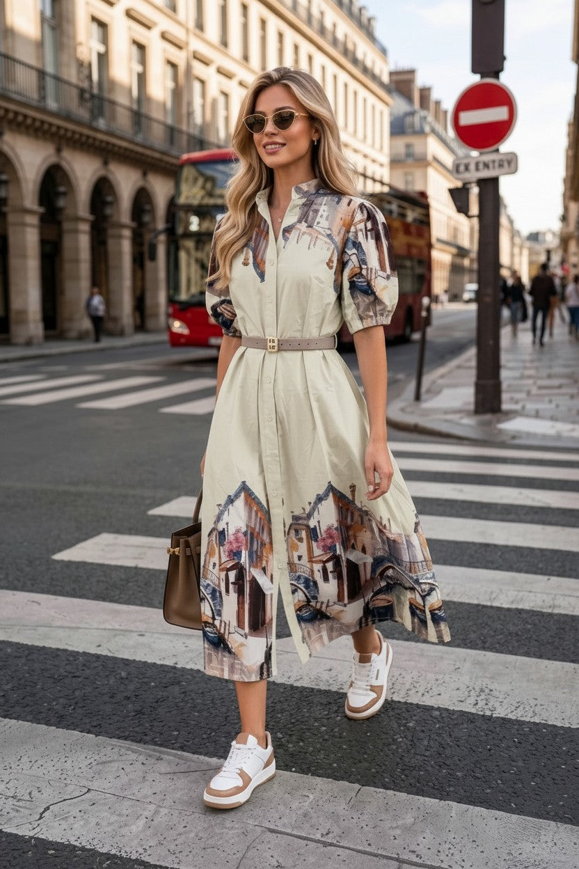 Rochie Midi cu Imprimeu Peisaj Venețian - Bej