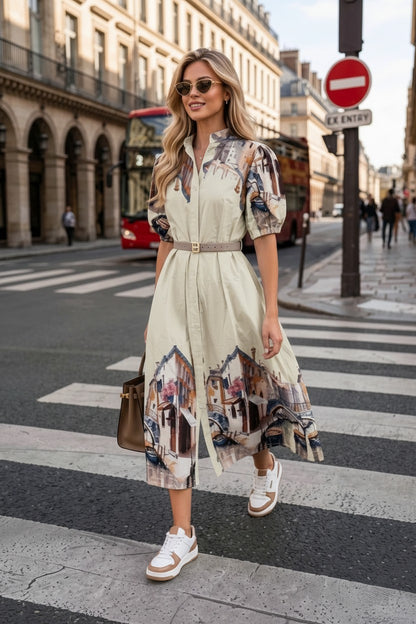 Rochie Midi cu Imprimeu Peisaj Venețian - Bej