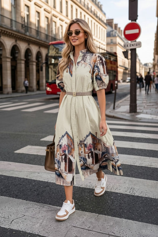 Rochie Midi cu Imprimeu Peisaj Venețian - Bej