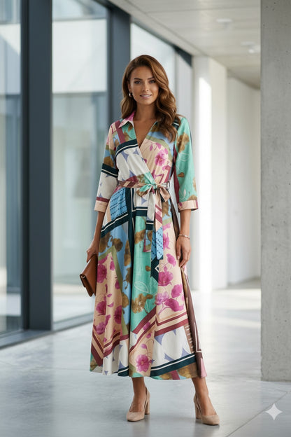 Rochie Maxi Petrecută cu Imprimeu Floral și Geometric - Colorat