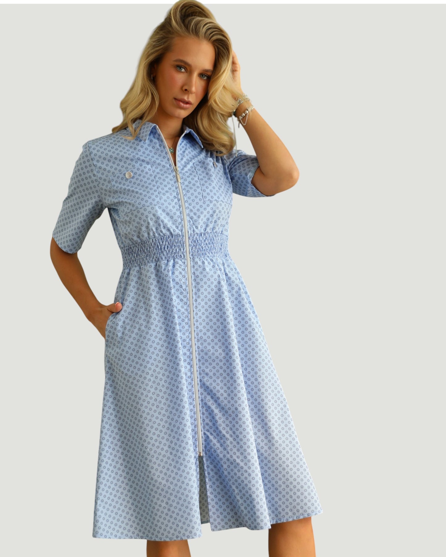 Rochie tip Cămașă cu Fermoar și Tale Elastică - Blue