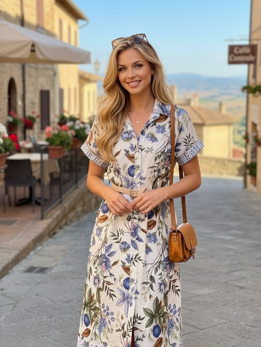 Rochie Midi Cămașă cu Imprimeu Mediteranean - Bej&Albastru