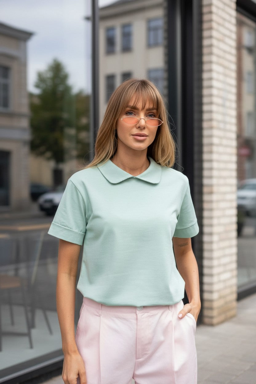 Bluză tip Tricou cu Guler și Broderie - Mint