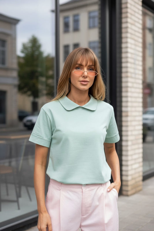 Bluză tip Tricou cu Guler și Broderie - Mint