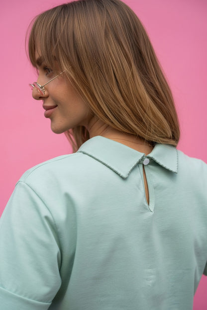 Bluză tip Tricou cu Guler și Broderie - Mint