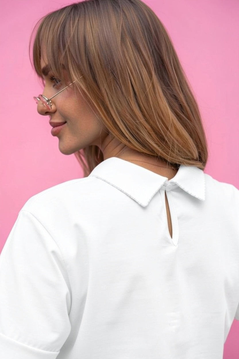 Bluză tip Tricou cu Guler și Broderie - Alb