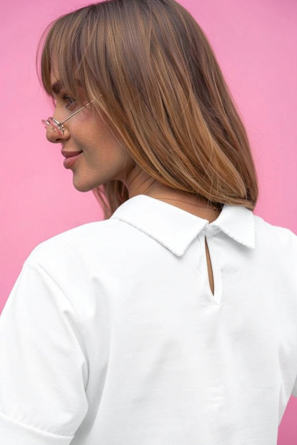 Bluză tip Tricou cu Guler și Broderie - Alb