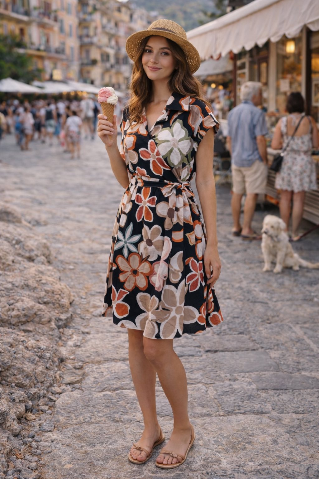 Rochie Tip Wrap cu Imprimeu Floral și Iz Mediteranean - Neagră
