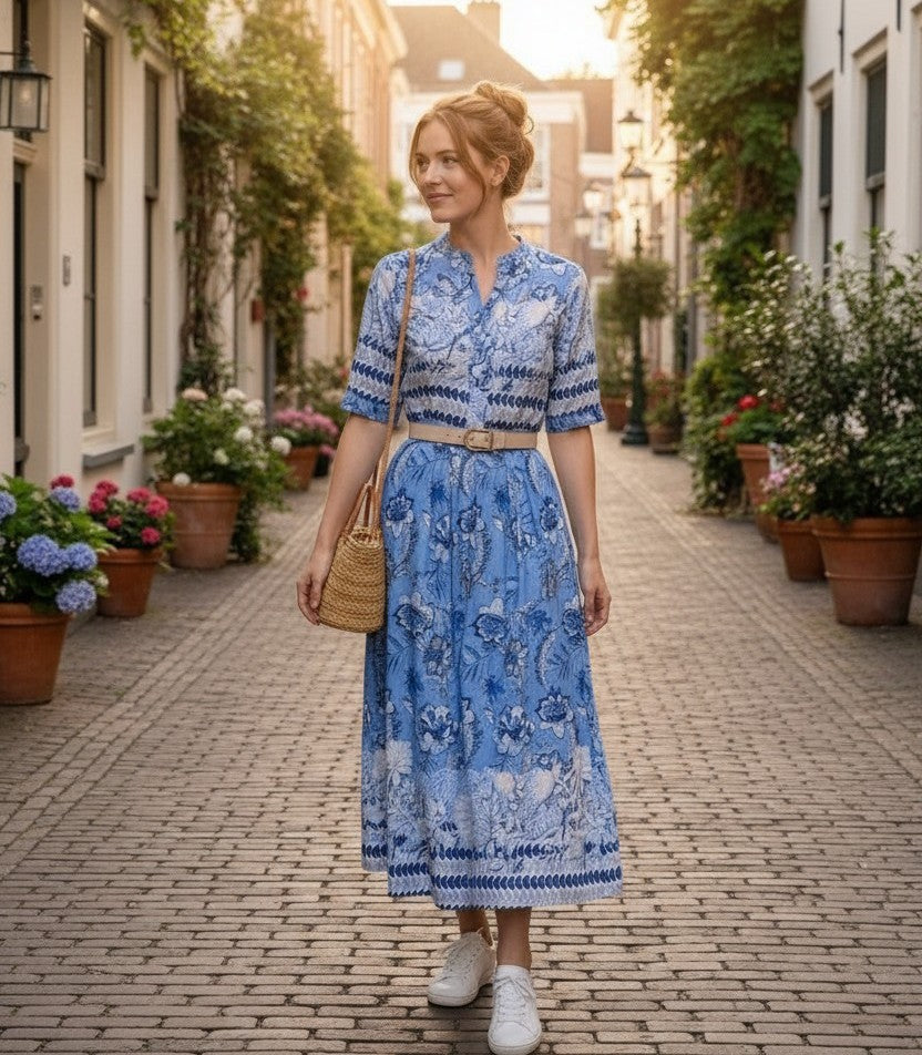 Rochie Midi Albastră cu Imprimeu Floral