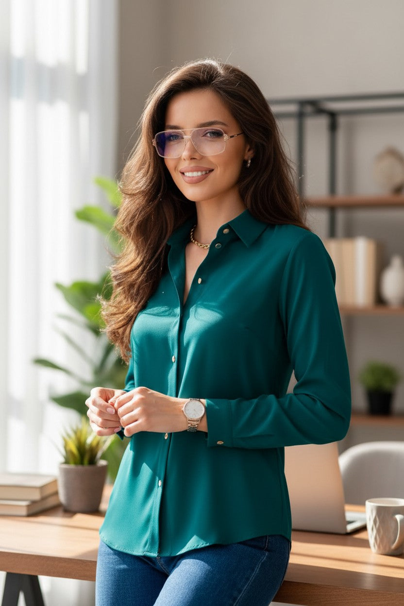 Cămașă elegantă de damă verde – purtată – așezată