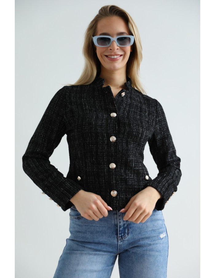 Jachetă tip Sacou Tweed cu Nasturi Aurii - Neagră