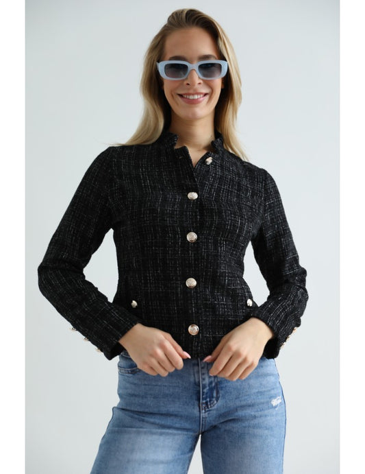 Jachetă tip Sacou Tweed cu Nasturi Aurii - Neagră