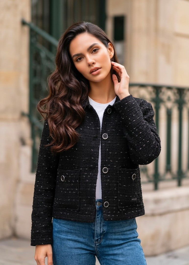 Jachetă Scurtă din Tweed - Neagră