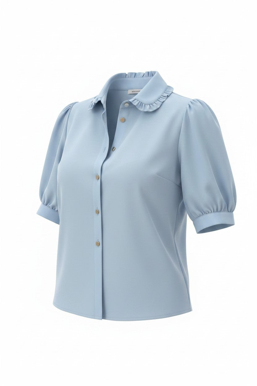 Cămașă Elegantă cu Măneci Bufante și Guler  - Blue