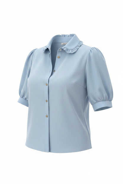 Cămașă Elegantă cu Măneci Bufante și Guler  - Blue