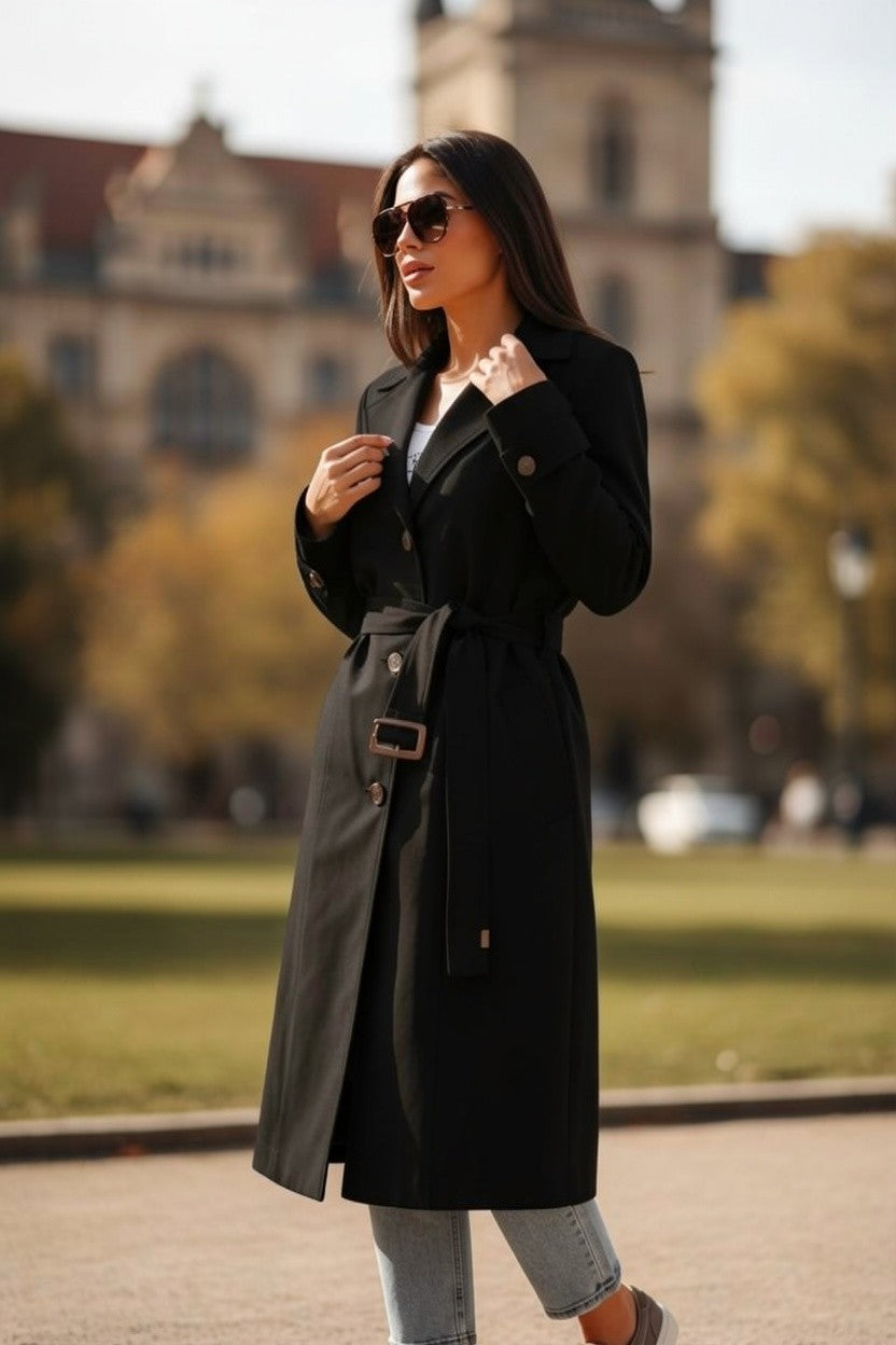 Trenci Elegant cu Cordon - Neagră