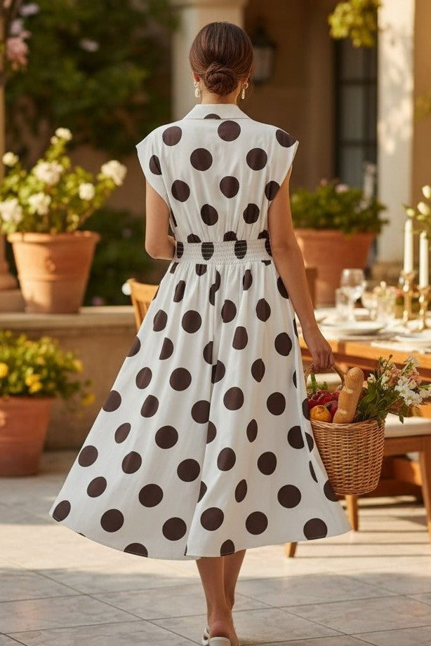 Rochie Midi cu Buline și Guler Cămașă - Bej&Marou