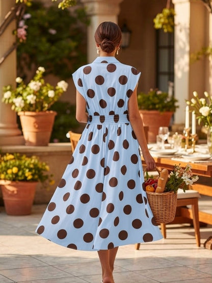 Rochie Midi cu Buline și Guler Cămașă - Babyblue&Marou