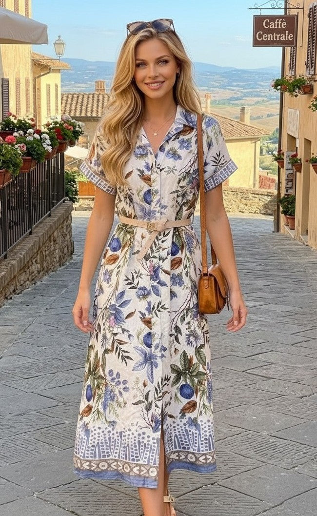 Rochie Midi Cămașă cu Imprimeu Mediteranean - Bej&Albastru