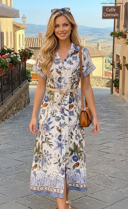 Rochie Midi Cămașă cu Imprimeu Mediteranean - Bej&Albastru