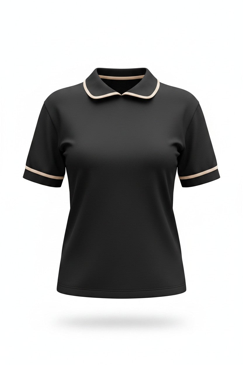 Bluză tip Tricou cu Guler  și Borduri Contrastante - Neagră