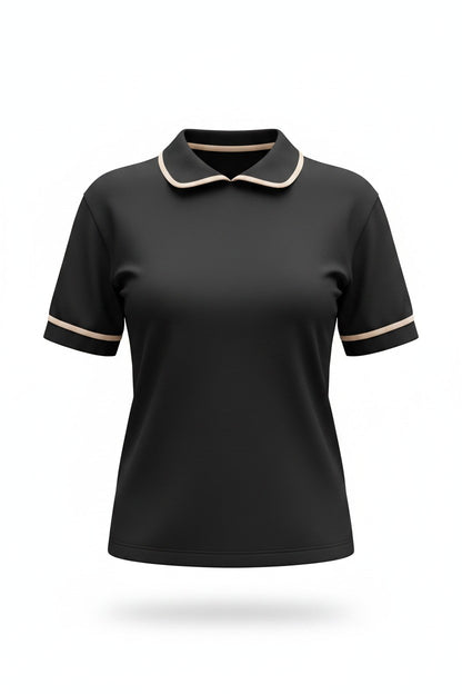 Bluză tip Tricou cu Guler  și Borduri Contrastante - Neagră
