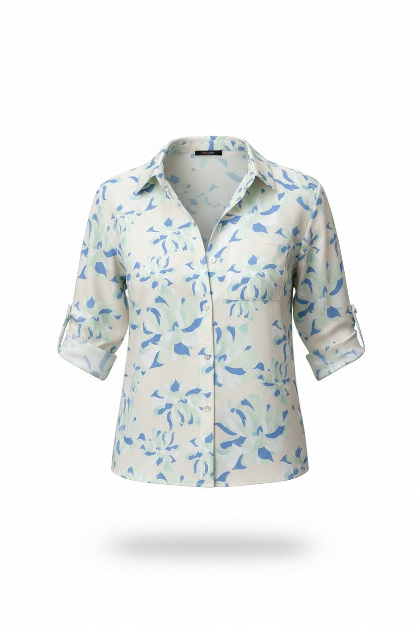 Cămașă Elegantă cu Imprimeu Floral -  Mentă & Bej Vanilla