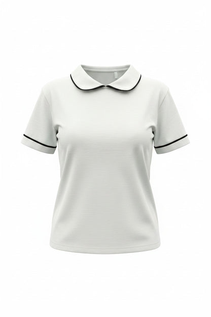 Bluză tip Tricou cu Guler  și Borduri Contrastante - Alb
