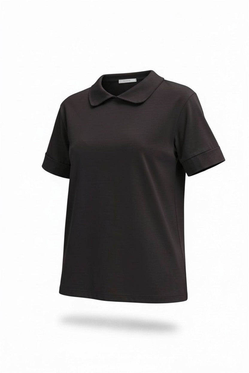 Bluză tip Tricou cu Guler și Broderie - Neagră