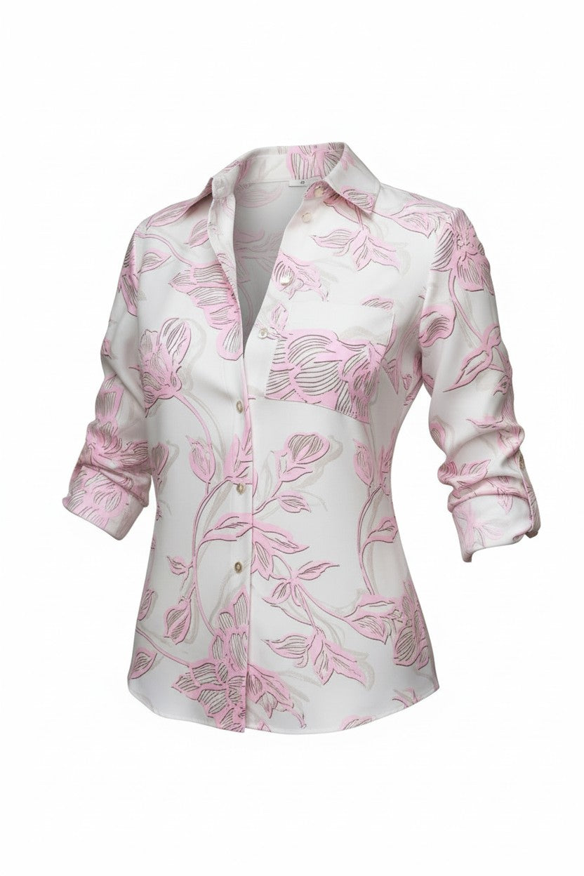 Cămașă Elegantă cu Imprimeu Floral -  Roz & Bej