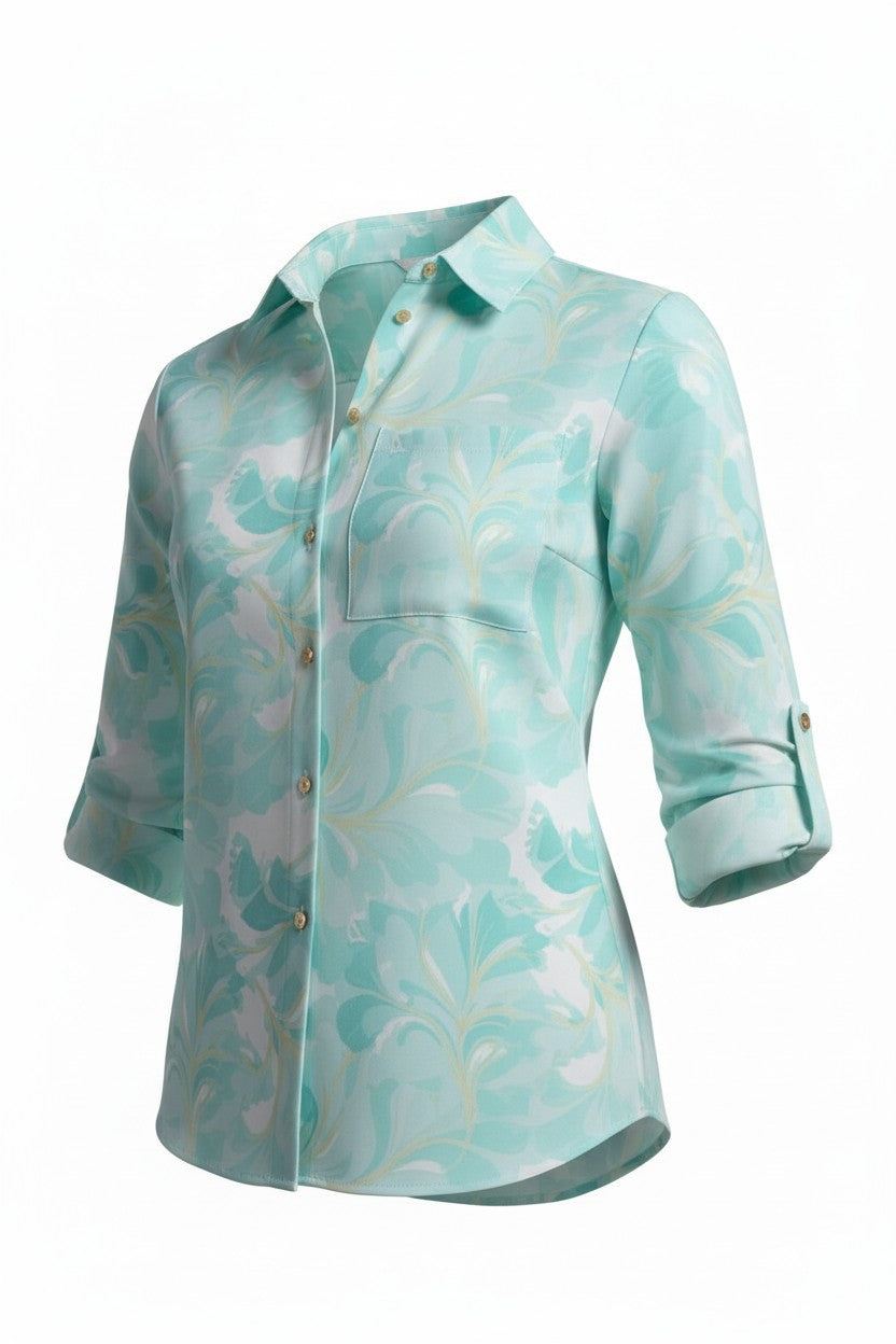 Cămașă Elegantă cu Imprimeu Floral -  Verde Mentă