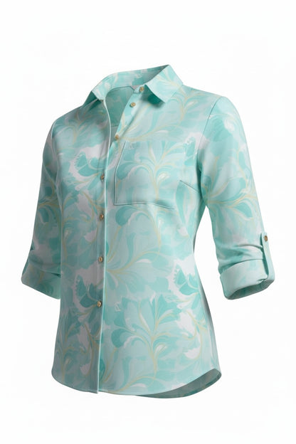 Cămașă Elegantă cu Imprimeu Floral -  Verde Mentă