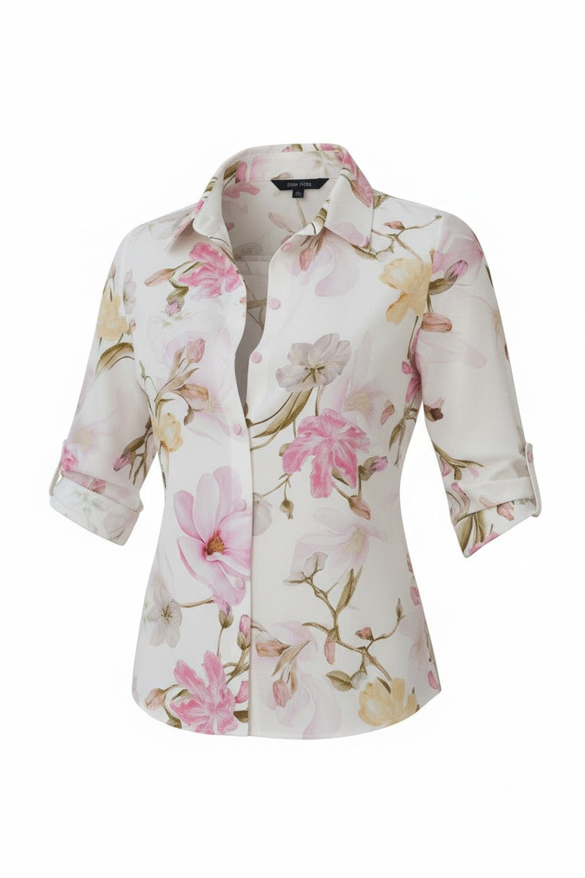 Cămașă Elegantă cu Imprimeu Floral -  Alb & Colorat