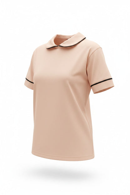 Bluză tip Tricou cu Guler  și Borduri Contrastante - Apricot&Pudră