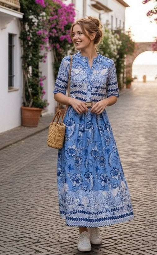 Rochie Midi Albastră cu Imprimeu Floral