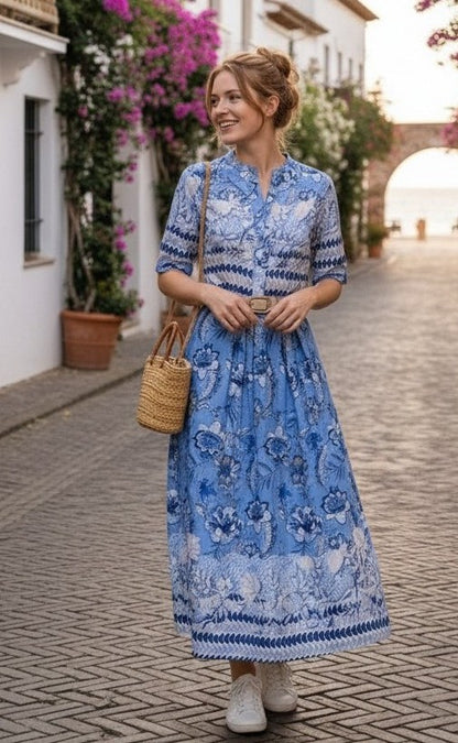 Rochie Midi Albastră cu Imprimeu Floral
