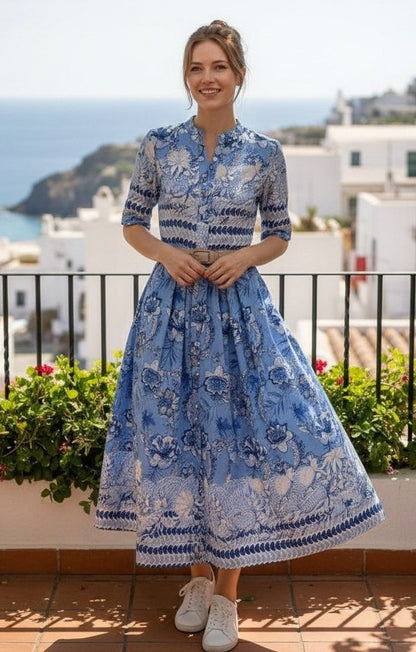 Rochie Midi Albastră cu Imprimeu Floral